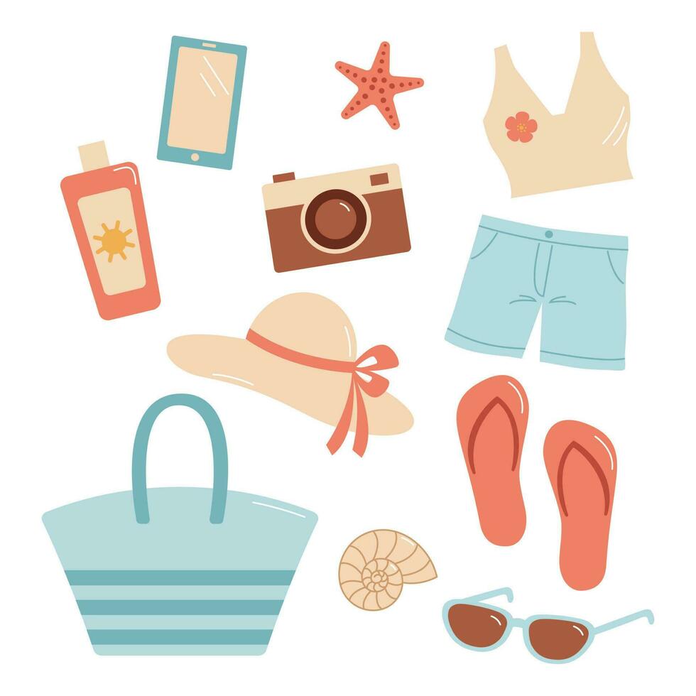 A set of beach accessories. Cartoon vector illustration. Beach set