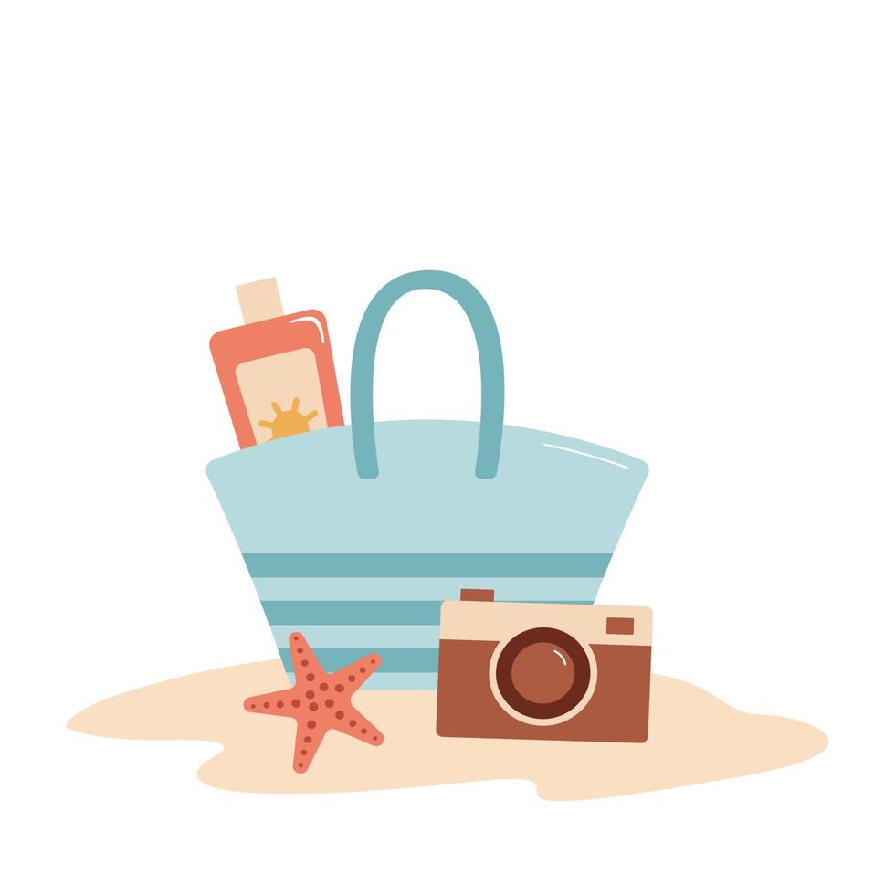 Women's bag with sunscreen, camera and starfish on the sand. Vector illustration of beach accessories. Sea holiday concept