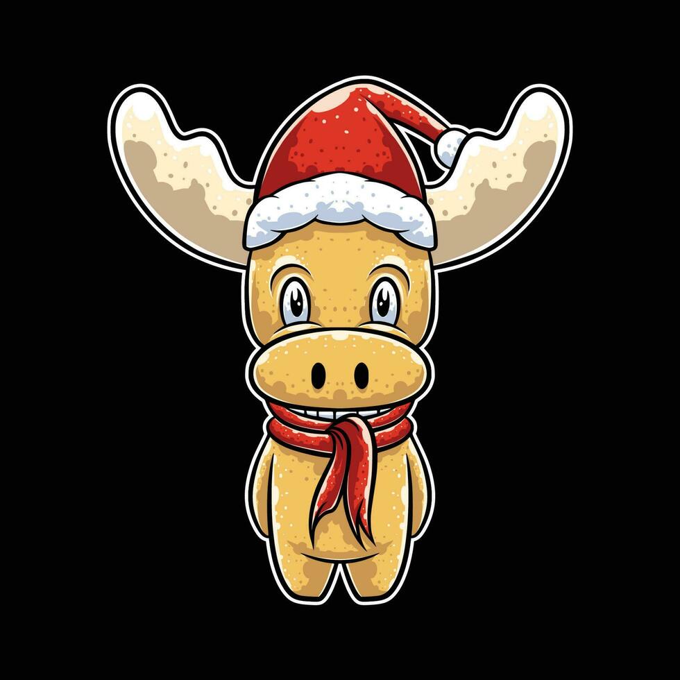 linda ciervo dibujos animados personaje con sombrero y bufanda en Navidad día vector