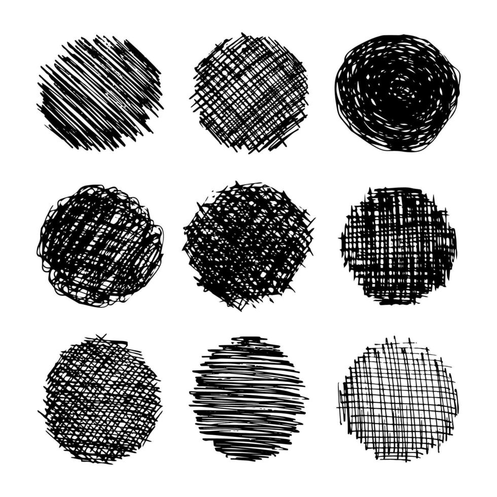 Sketch scribble smear. Set of nine black pencil drawings in the shape of a circle on white background. Great design for any purposes. Vector illustration.