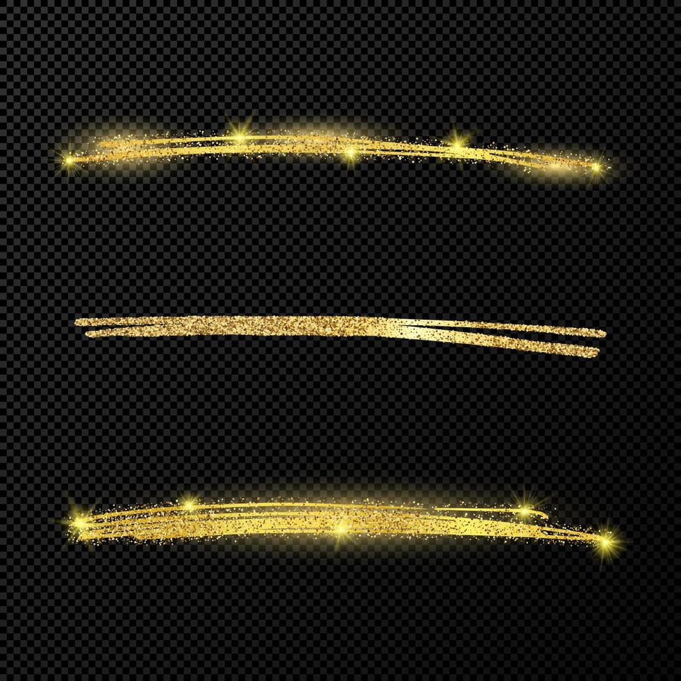 Abstract shiny confetti glittering waves. Set of three hand drawn brush golden strokes on black vector