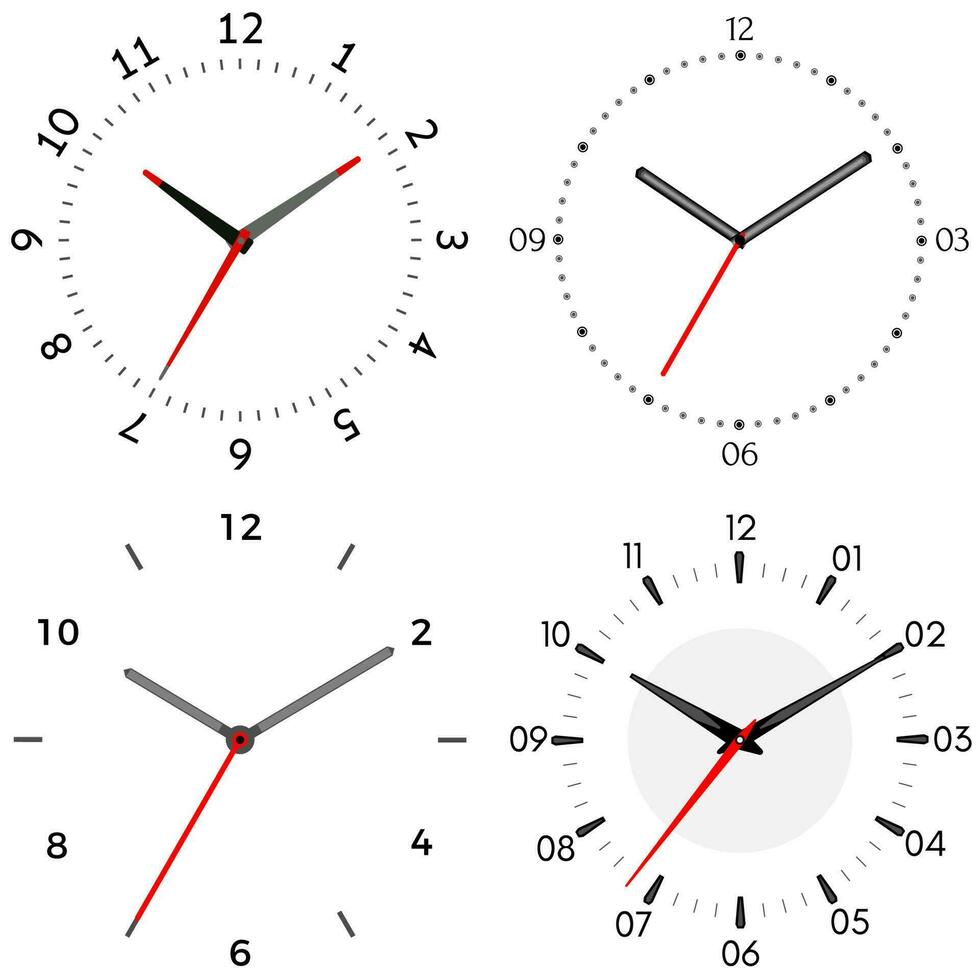 A set of four mechanical clocks. Clock face on white background. vector