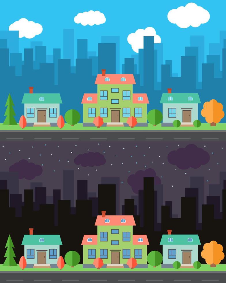 Vector city with cartoon houses and buildings in the day and night.Summer urban landscape. Street view with cityscape on a background