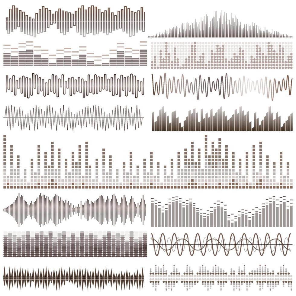 Vector set of brown sound waves. Audio equalizer. Sound and audio waves isolated on white background.