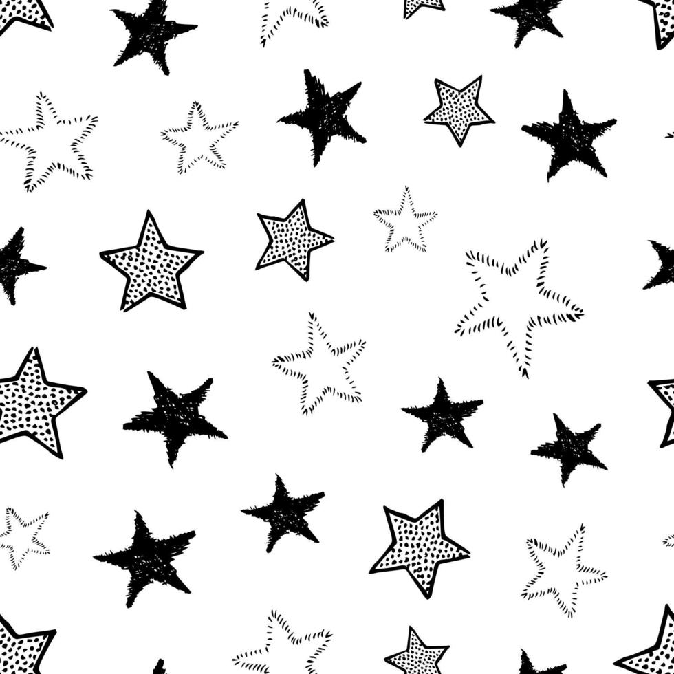 Seamless background of doodle stars. Black hand drawn stars on white background. Vector illustration