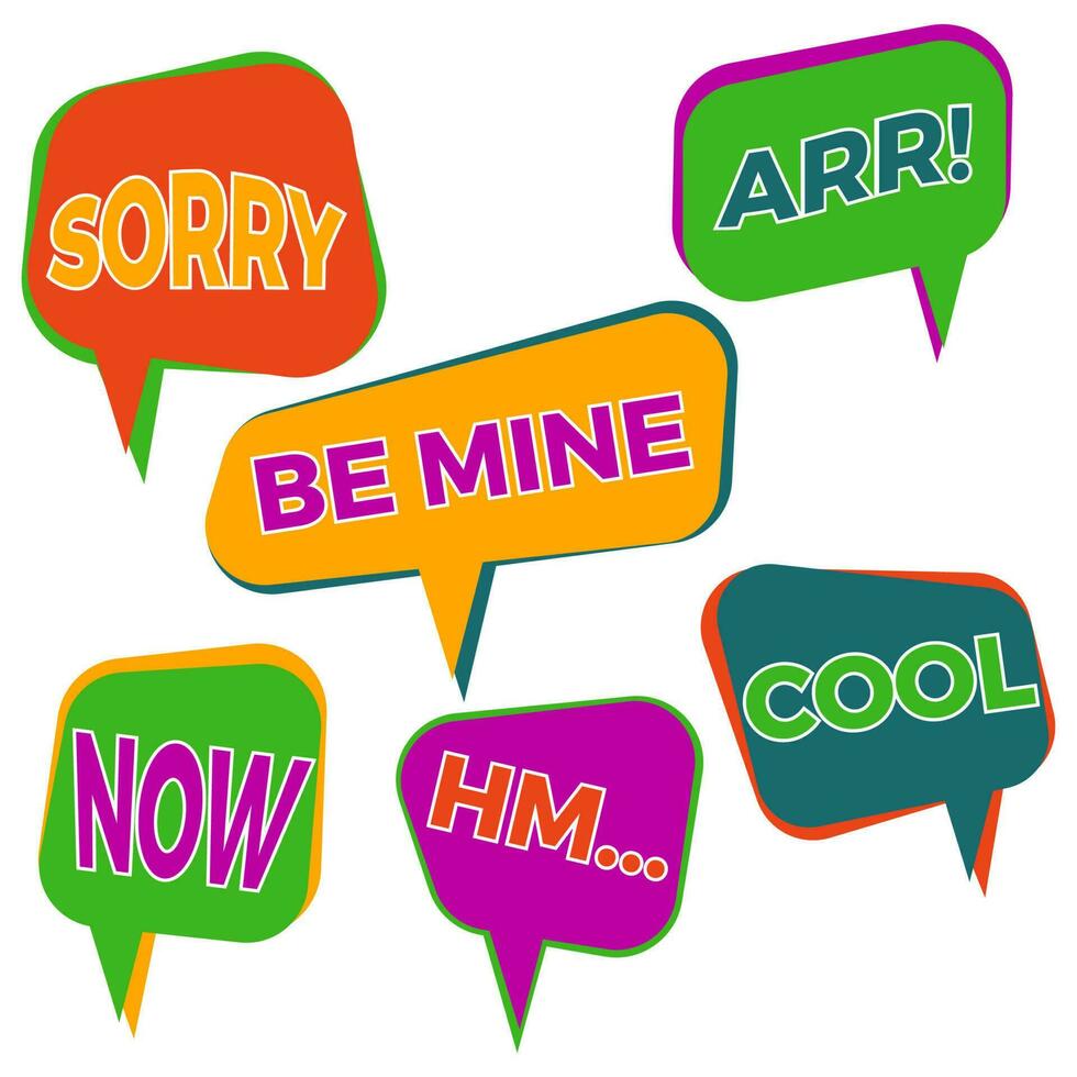 Set of six cartoon comic balloon speech bubbles in flat style. Elements of design comic books with different phrases. Vector illustration