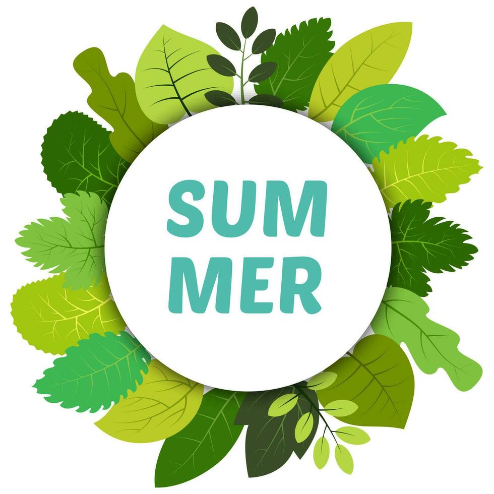verde verano hojas debajo blanco redondo etiqueta y inscripción verano. vector tarjeta con verde hojas aislado en blanco antecedentes
