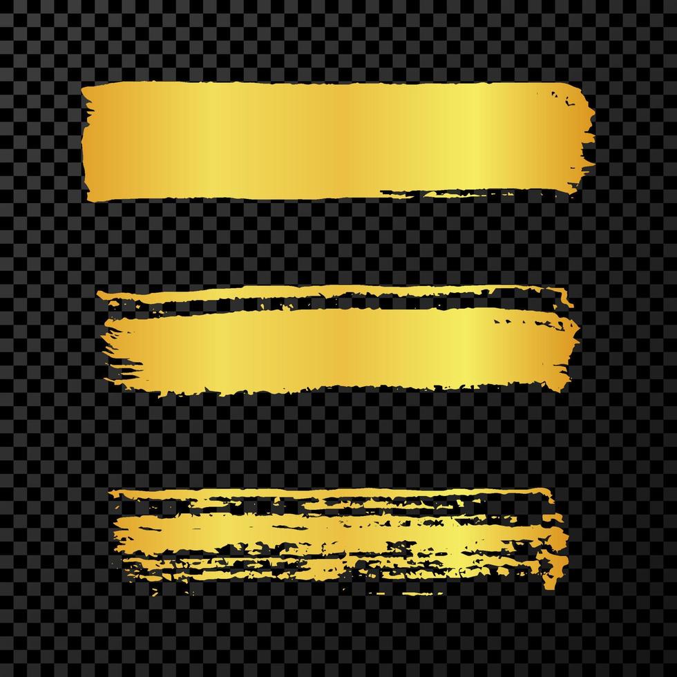 Gold grunge brush strokes. Set of three painted brush ink stripes. Ink spot isolated on dark vector