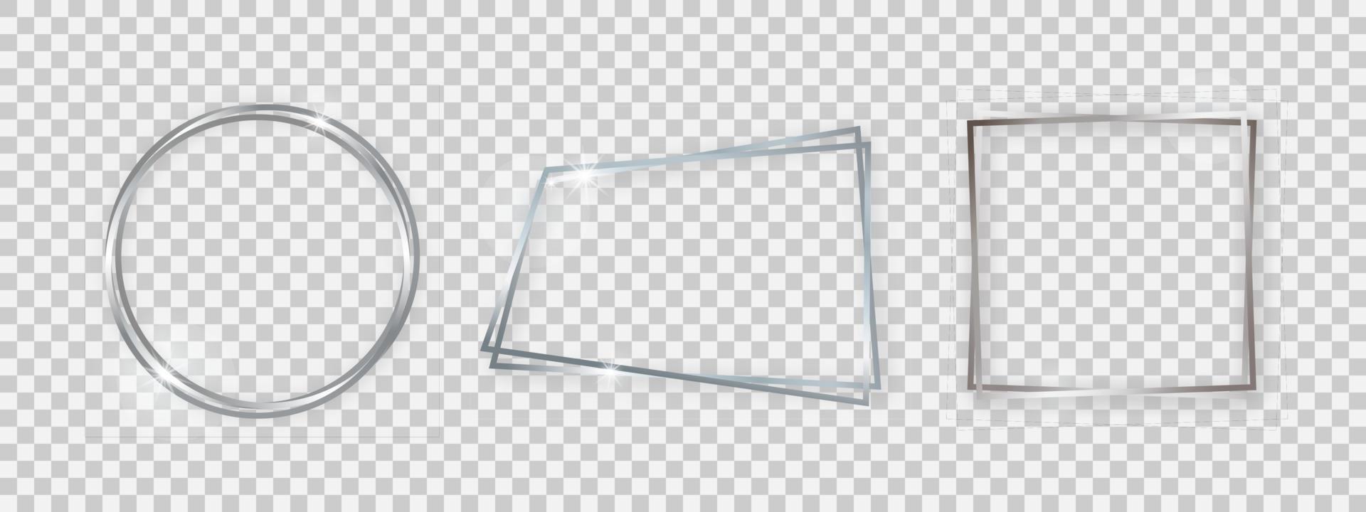 Double shiny frames with glowing effects. Set of three silver double frames with shadows vector