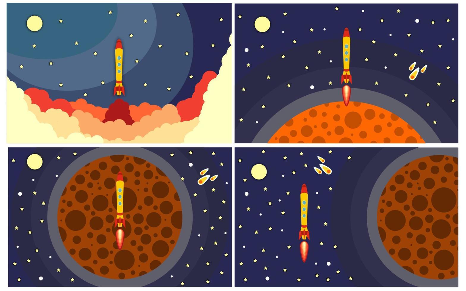 Set of four vector illustration with flying rocket. Space travel.