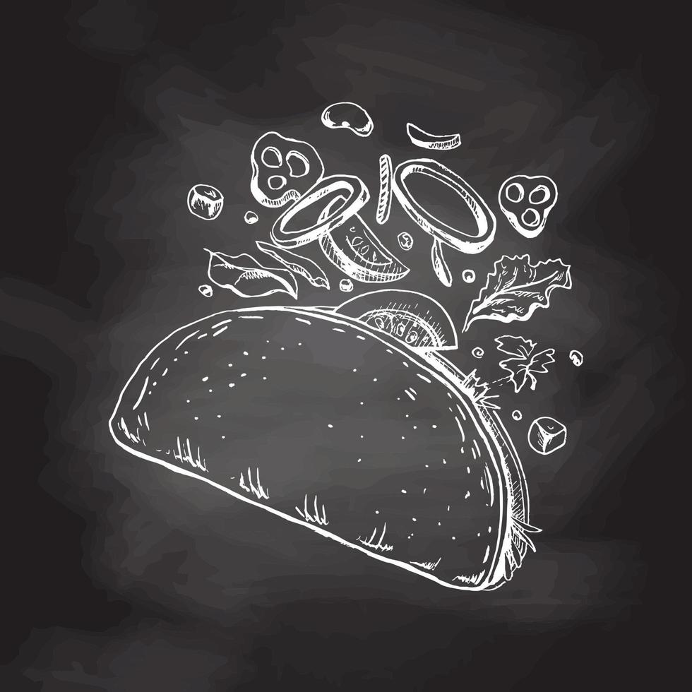 Hand-drawn sketch of taco on chalkboard background. Flying ingredients. Onion rings, tomato, cucumber, beans, tortilla. Fast food vintage illustration. vector