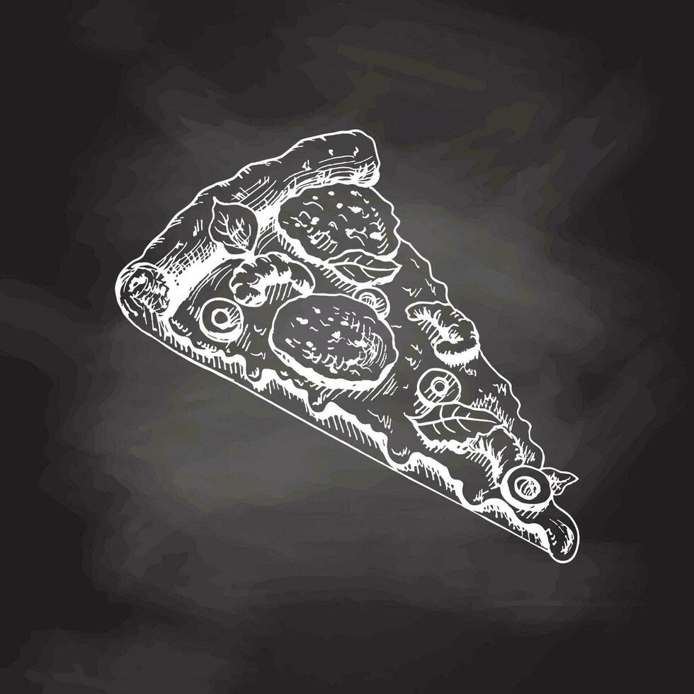 Hand-drawn sketch style pizza slice isolated on chalkboard background. Pizza with mozzarella, tomato sauce, sausage, olives, shrimps, melted cheese. Fast food vintage illustration. vector