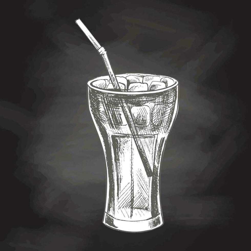 Hand-drawn sketch of  cola glass  with ice  isolated on chalkboard background. Fast food vintage illustration. Element for the design of labels, packaging and postcards vector