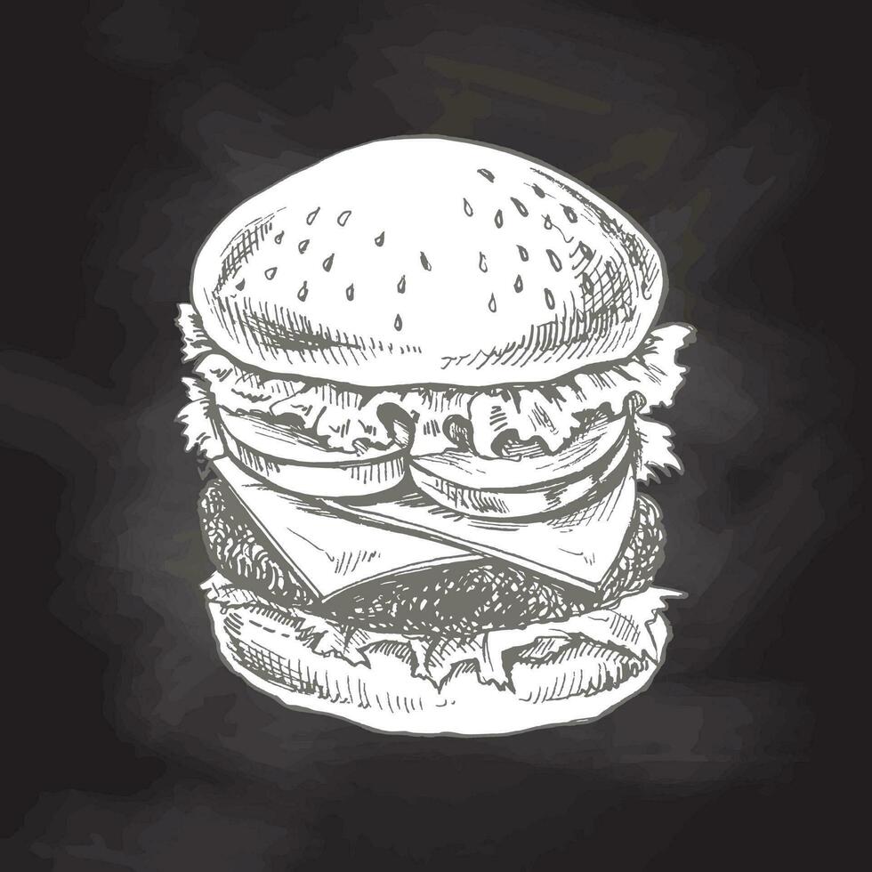 Hand-drawn sketch of great delicious sandwich, burger, hamburger isolated on chalkboard  background. Fast food vintage illustration. Element for the design of labels, packaging and postcards vector