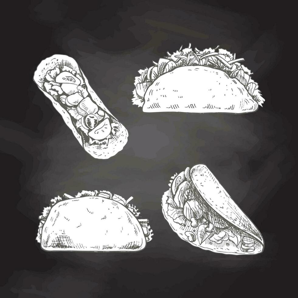 Tacos set. Hand-drawn sketch illustrations of traditional mexican food  isolated on chalkboard background. Top, front, perspective view. Vintage. vector