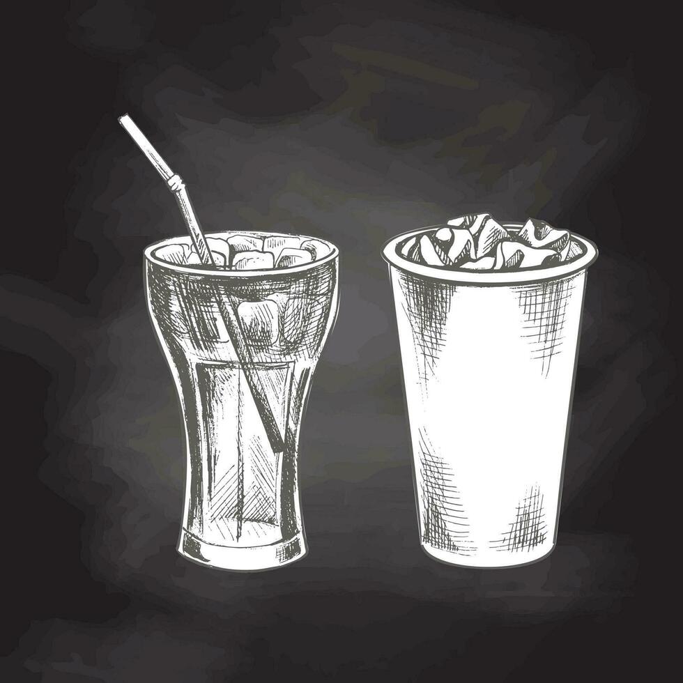 Hand-drawn sketch of  cola  glasses  with ice  isolated on chalkboard background. Fast food vintage illustration. Element for the design of labels, packaging and postcards vector