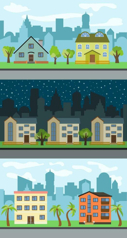 Set of three vector illustrations of city street with cartoon houses and trees. Summer urban landscape. Street view with cityscape on a background