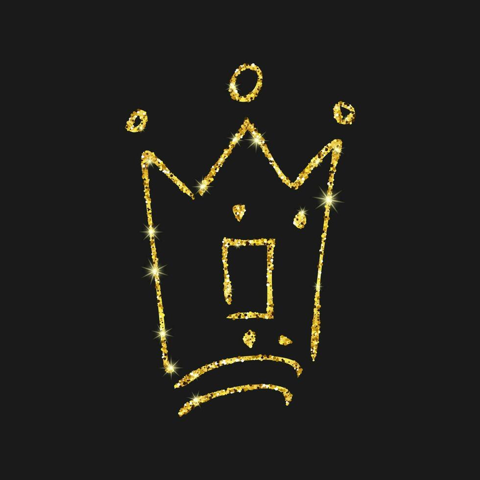 Gold glitter hand drawn crown. Simple graffiti sketch queen or king crown. Royal imperial coronation and monarch symbol isolated on dark background. Vector illustration.