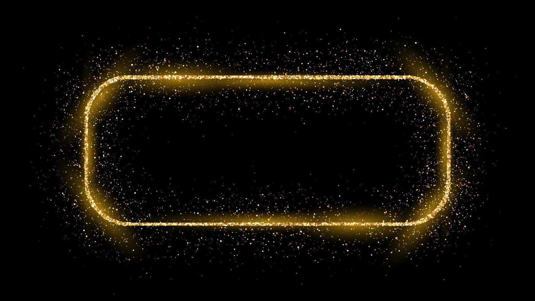 Golden rounded rectangle frame with glitter, sparkles and flares on dark background. Empty luxury backdrop. Vector illustration.