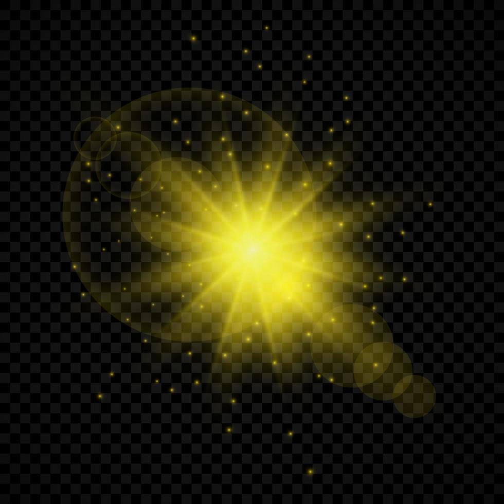 Light effect of lens flares. Yellow glowing lights starburst effects with sparkles vector
