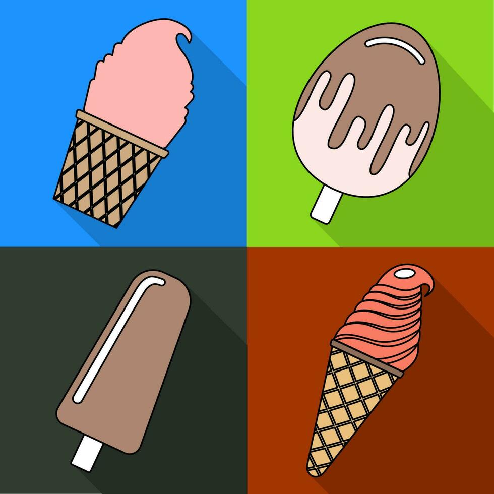 Set of four ice creams in flat style isolated on colorful background with shadow. Vector illustration