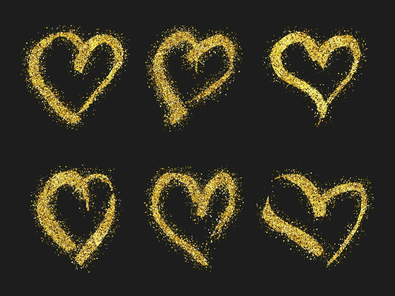 Gold glitter doodle heart on dark background. Set of six gold grunge hand drawn heart. Romantic love symbol. Vector illustration.