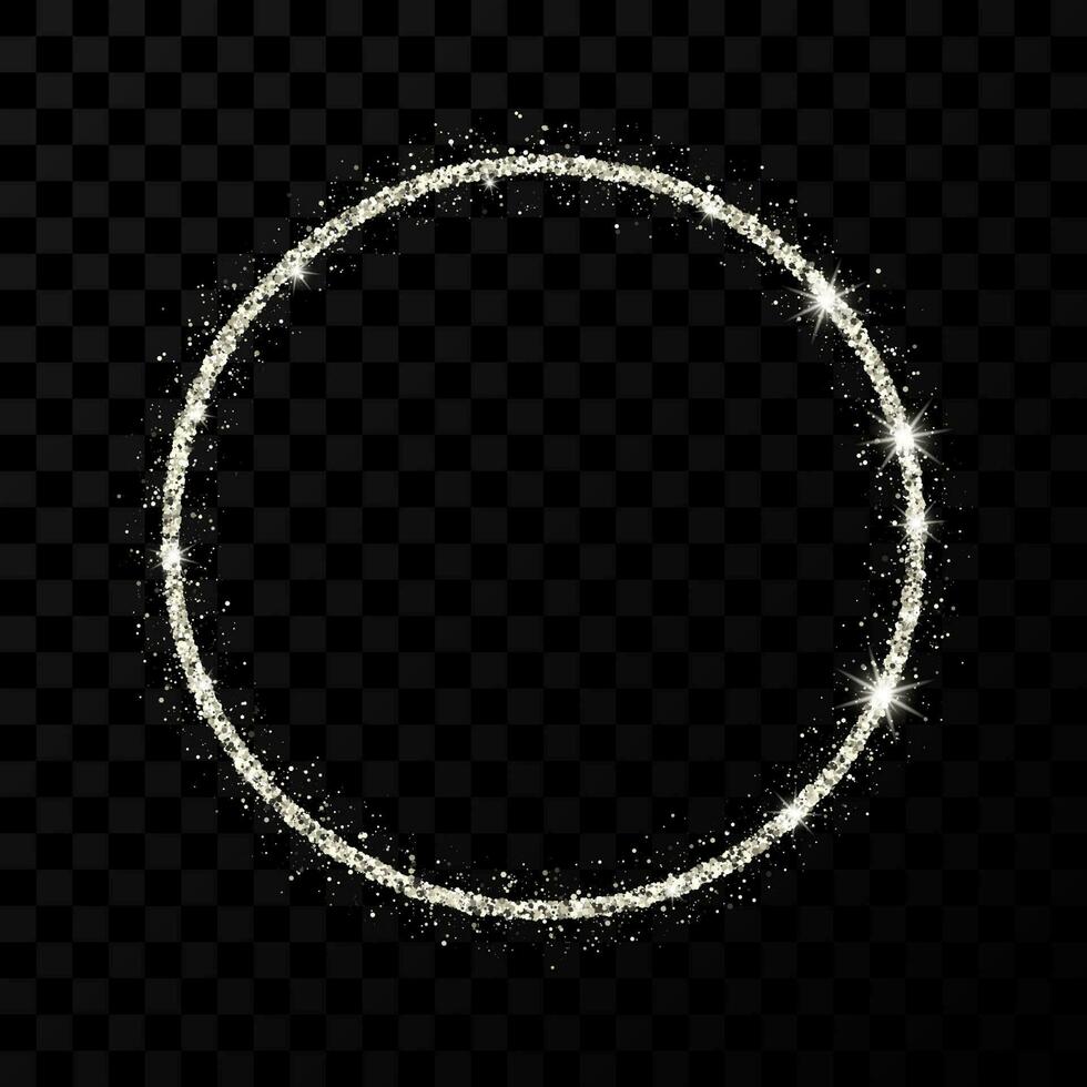Silver glitter frame. Circle frame with shiny stars and sparkles on dark vector