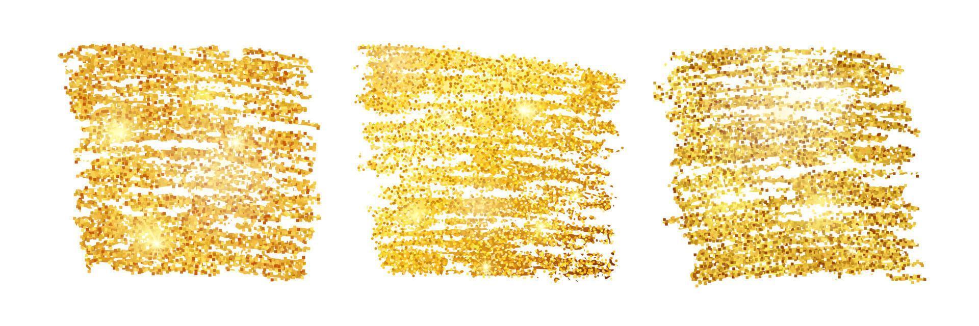 Set of three golden paint glittering square backdrops on a white background. Background with gold sparkles and glitter effect. Empty space for your text. Vector illustration