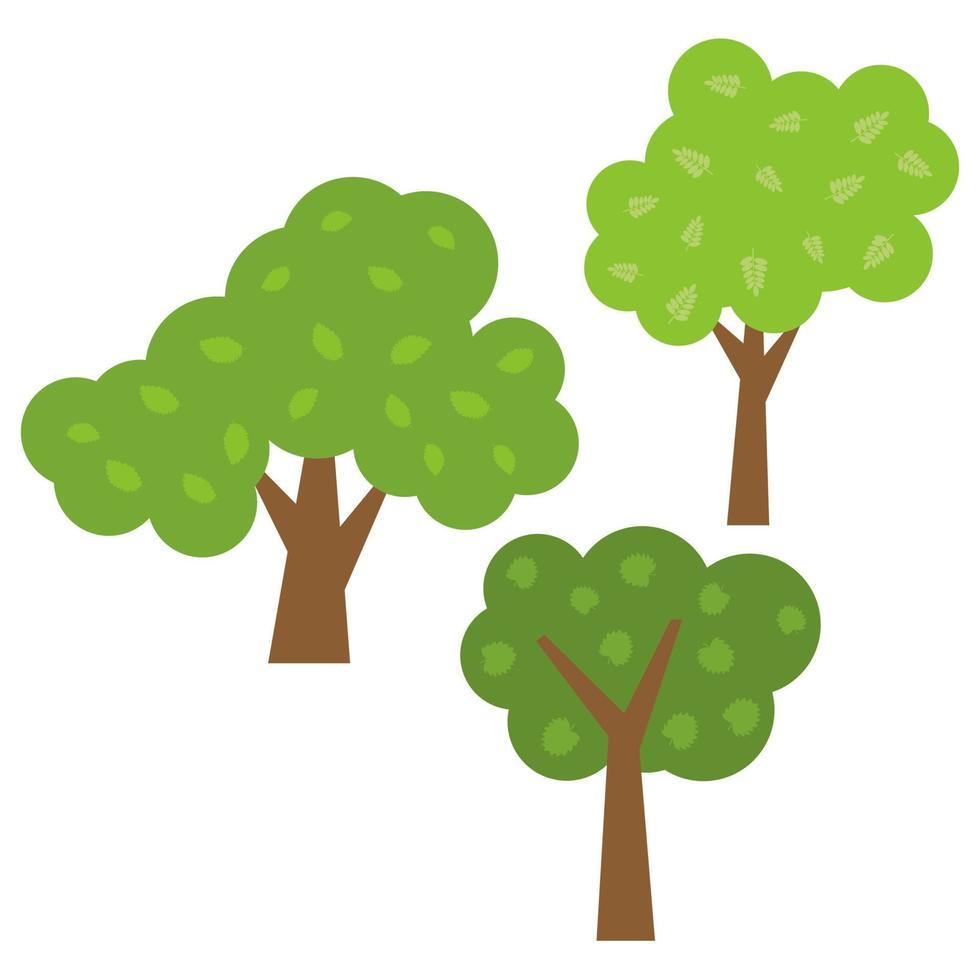Three green trees with leaves. Vector illustration