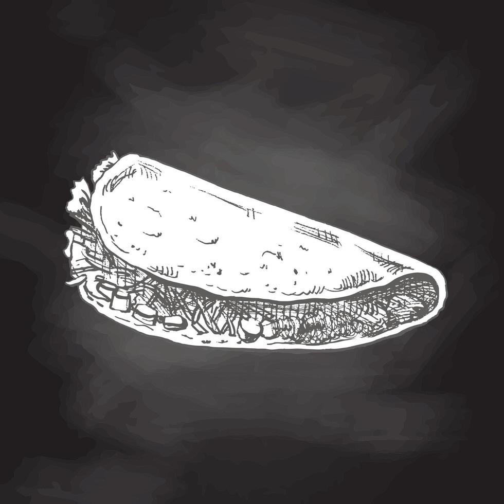 Hand-drawn sketch of taco isolated on chalkboard background. Fast food vintage illustration. Element for the design of labels, packaging and postcards vector