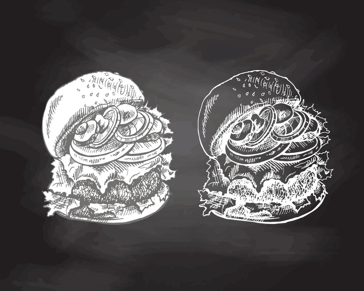 Hand-drawn sketch of great delicious sandwich, burger, hamburger isolated on chalkboard  background. Fast food vintage illustration. Element for the design of labels, packaging and postcards vector