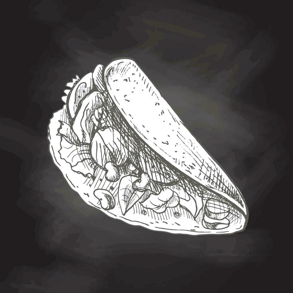 dibujado a mano bosquejo de taco aislado en pizarra antecedentes. rápido comida Clásico ilustración. elemento para el diseño de etiquetas, embalaje y postales vector