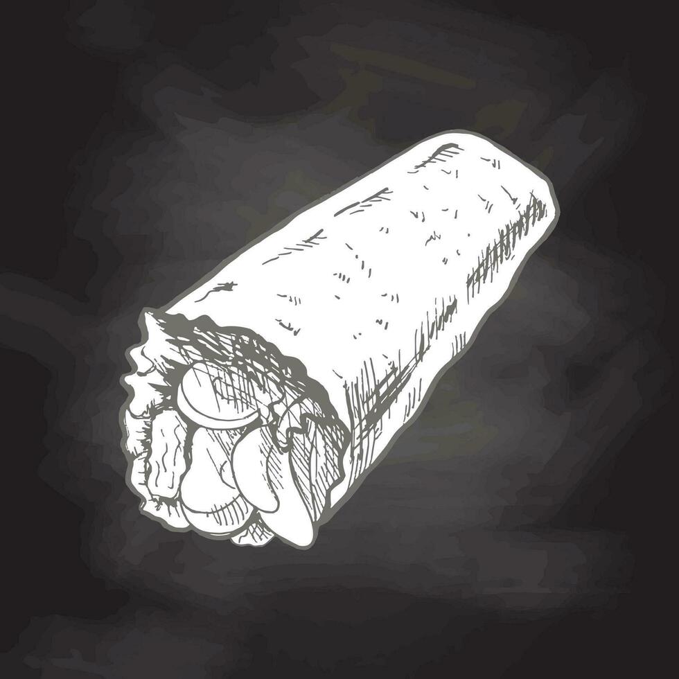 dibujado a mano bosquejo estilo burrito envolver con vegetales y carne piezas aislado en pizarra antecedentes. rápido comida ilustración. Clásico dibujo. vector