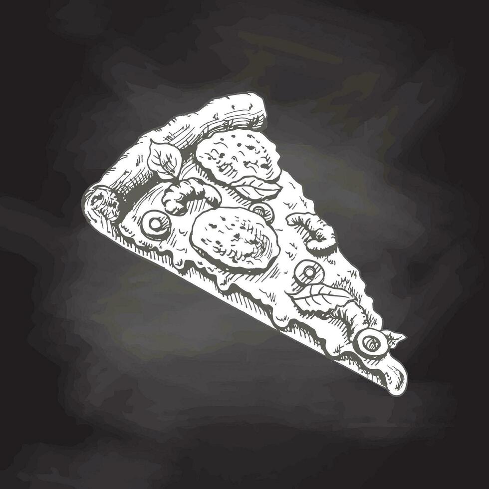 Hand-drawn sketch style pizza slice isolated on chalkboard background. Pizza with mozzarella, tomato sauce, sausage, olives, shrimps, melted cheese. Fast food vintage illustration. vector