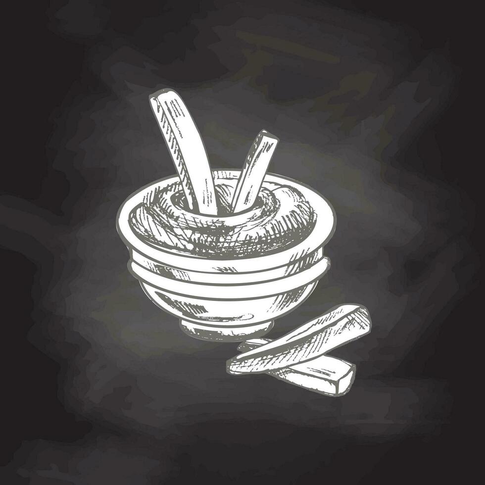 dibujado a mano bosquejo de francés papas fritas patata con tomate salsa aislado en pizarra antecedentes. rápido comida ilustración. Clásico dibujo. elemento para el diseño de etiquetas, embalaje y postales vector