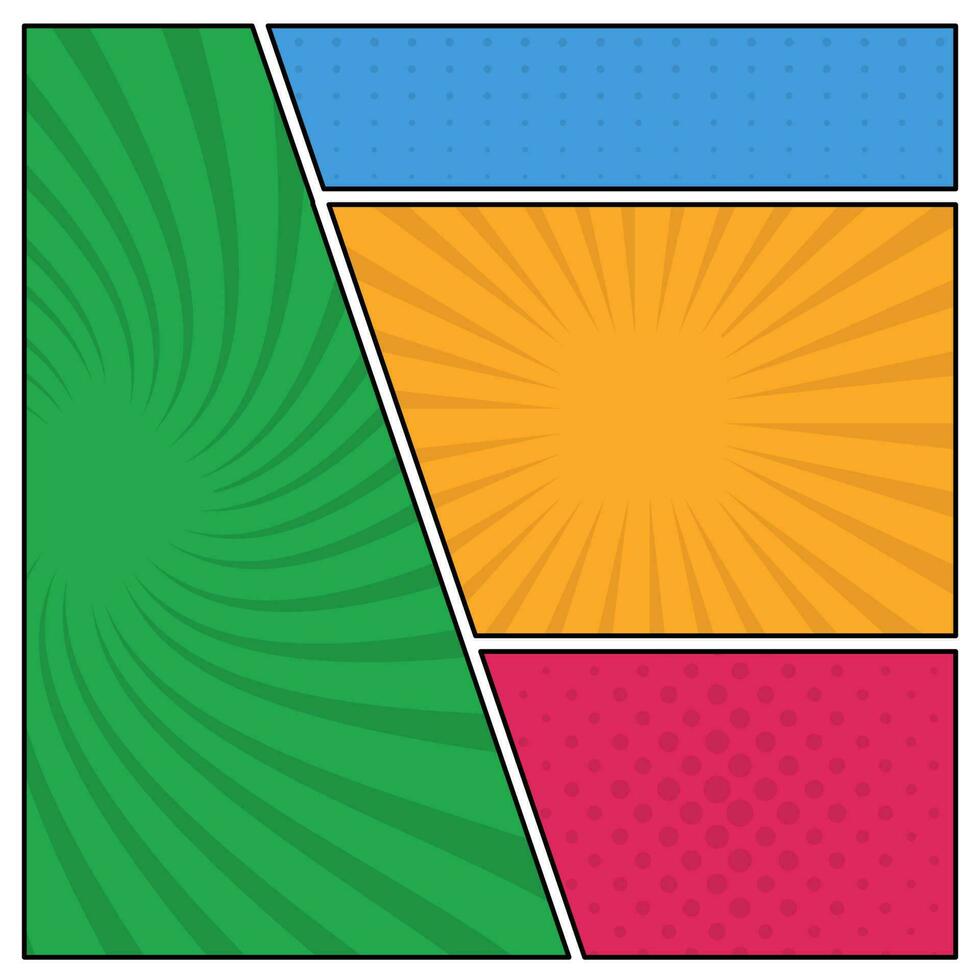 Colorful comic book page background in pop art style. Empty template with rays and dots pattern. Vector illustration