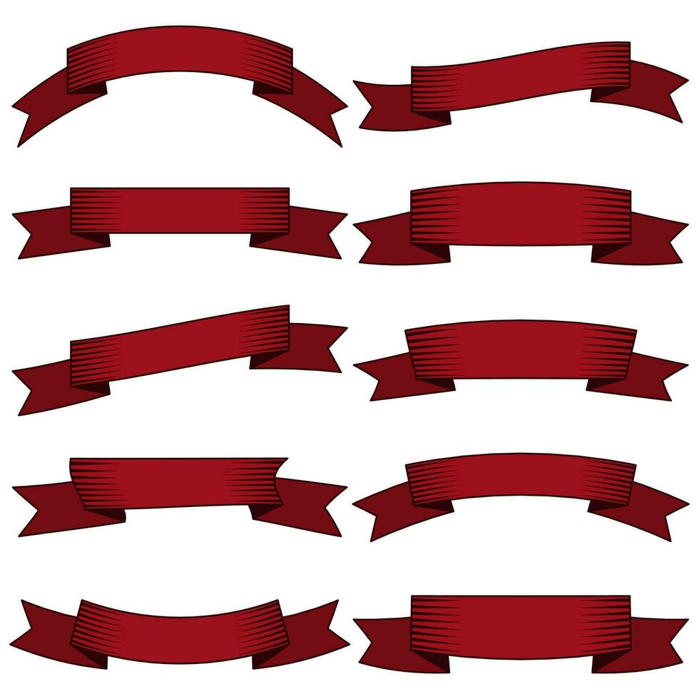 Set of ten dark red ribbons and banners for web design. Great design element isolated on white background. Vector illustration.