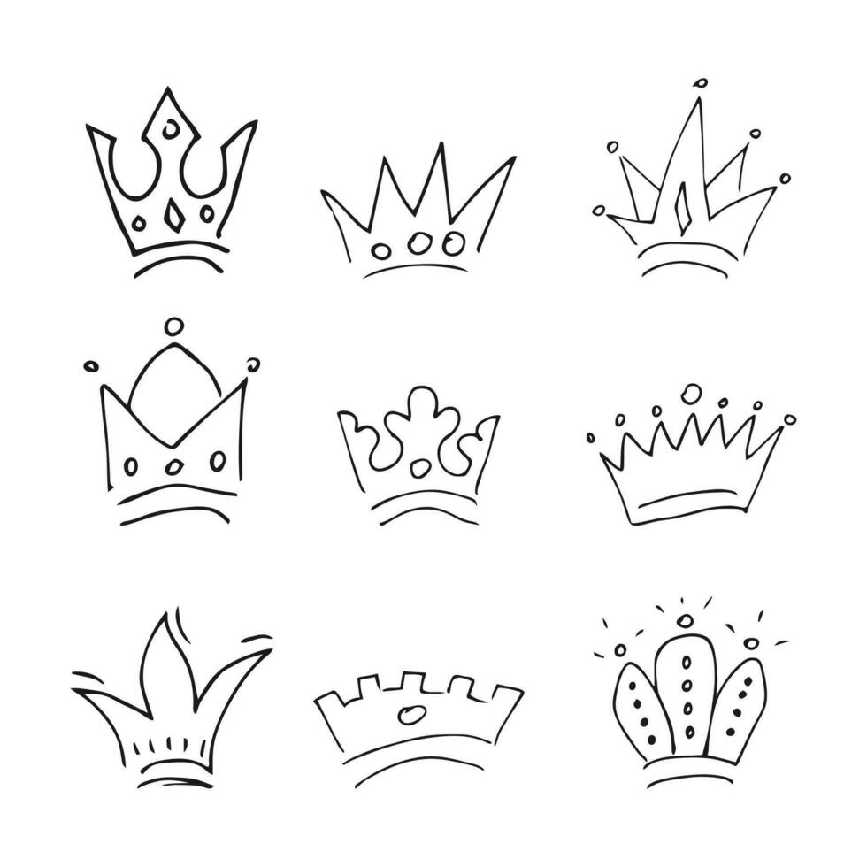 Hand drawn crowns. Set of nine simple graffiti sketch queen or king crowns. Royal imperial coronation and monarch symbols vector