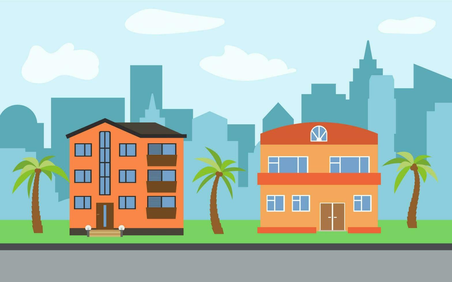 Vector city with three-story and two-story cartoon houses and palm trees in the sunny day. Summer urban landscape. Street view with cityscape on a background