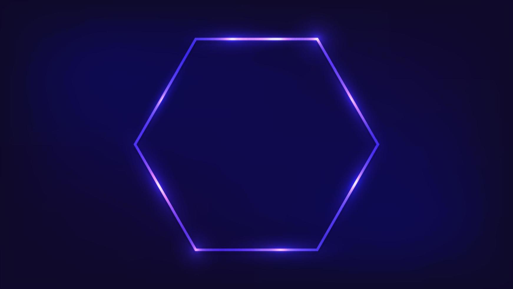 Neon hexagon frame with shining effects on dark background. Empty glowing techno backdrop. Vector illustration.