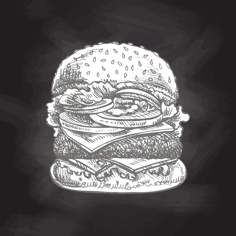 Hand-drawn sketch of great delicious sandwich, burger, hamburger isolated on chalkboard  background. Fast food vintage illustration. Element for the design of labels, packaging and postcards vector