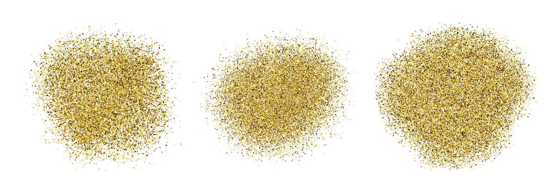 Set of three golden paint glittering backdrops on a white background. Background with gold sparkles and glitter effect. Empty space for your text. Vector illustration