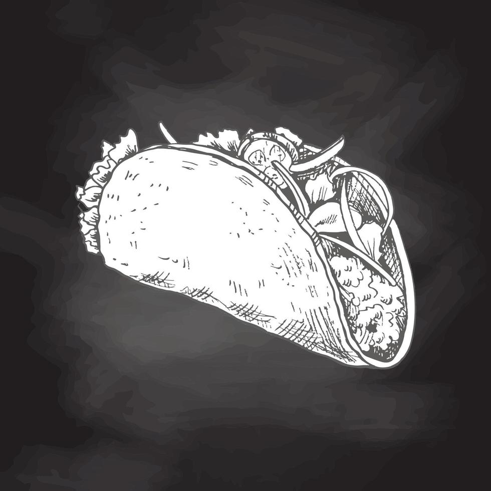 Hand-drawn sketch of taco isolated on chalkboard background. Fast food vintage illustration. Element for the design of labels, packaging and postcards vector