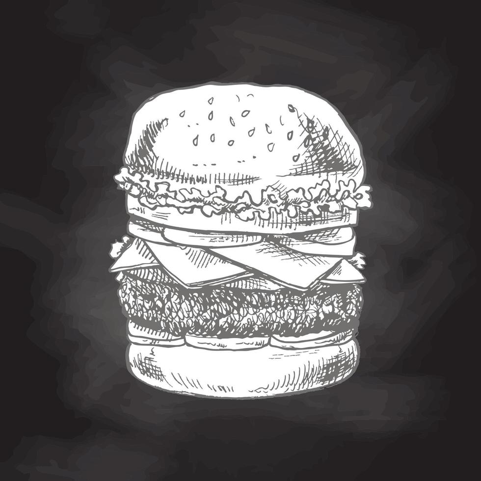 Hand-drawn sketch of great delicious sandwich, burger, hamburger isolated on chalkboard  background. Fast food vintage illustration. Element for the design of labels, packaging and postcards vector