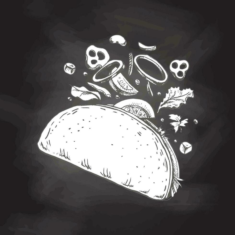 Hand-drawn sketch of taco isolated on chalkboard background. Flying ingredients. Onion rings, tomato, cucumber, beans, tortilla. Fast food vintage illustration. vector