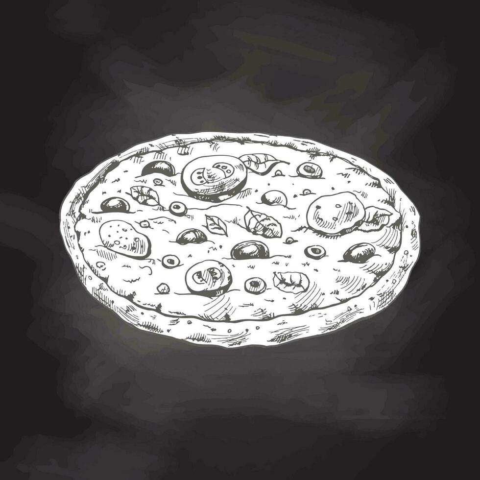 Hand-drawn sketch style pizza Margherita isolated on chalkboard background. Traditional Italian cuisine. Dough, tomato sauce, melted mozzarella cheese, basil leaves, tomatoes. Vintage illustration. vector