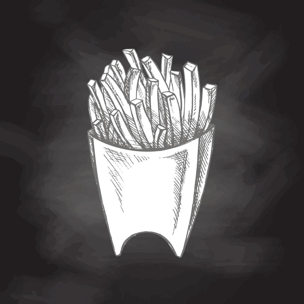 Hand-drawn sketch of  french fries in a box  isolated on chalkboard background. Fast food illustration. Vintage drawing. Element for the design of labels, packaging and postcards. vector