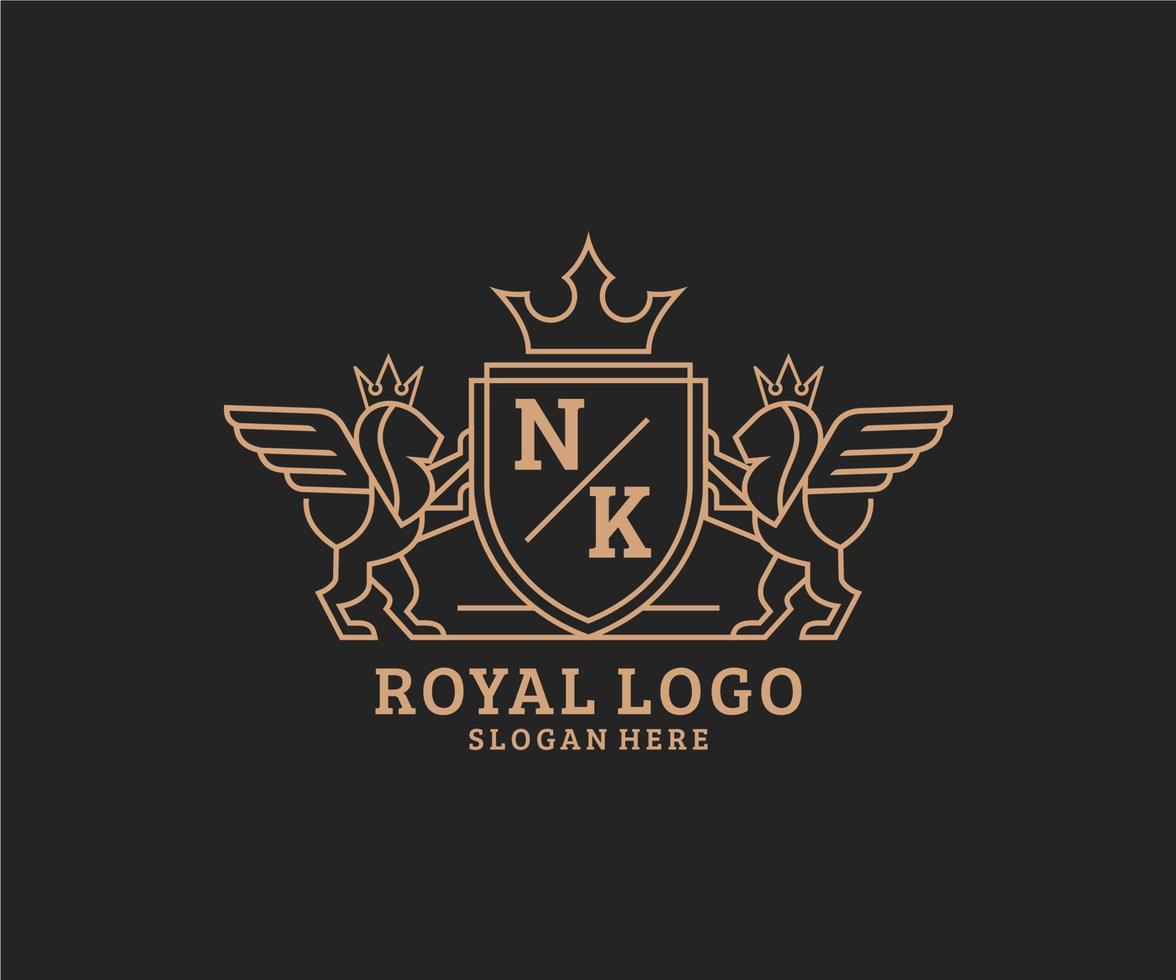 Initial NK Letter Lion Royal Luxury Heraldic,Crest Logo template in vector art for Restaurant, Royalty, Boutique, Cafe, Hotel, Heraldic, Jewelry, Fashion and other vector illustration.