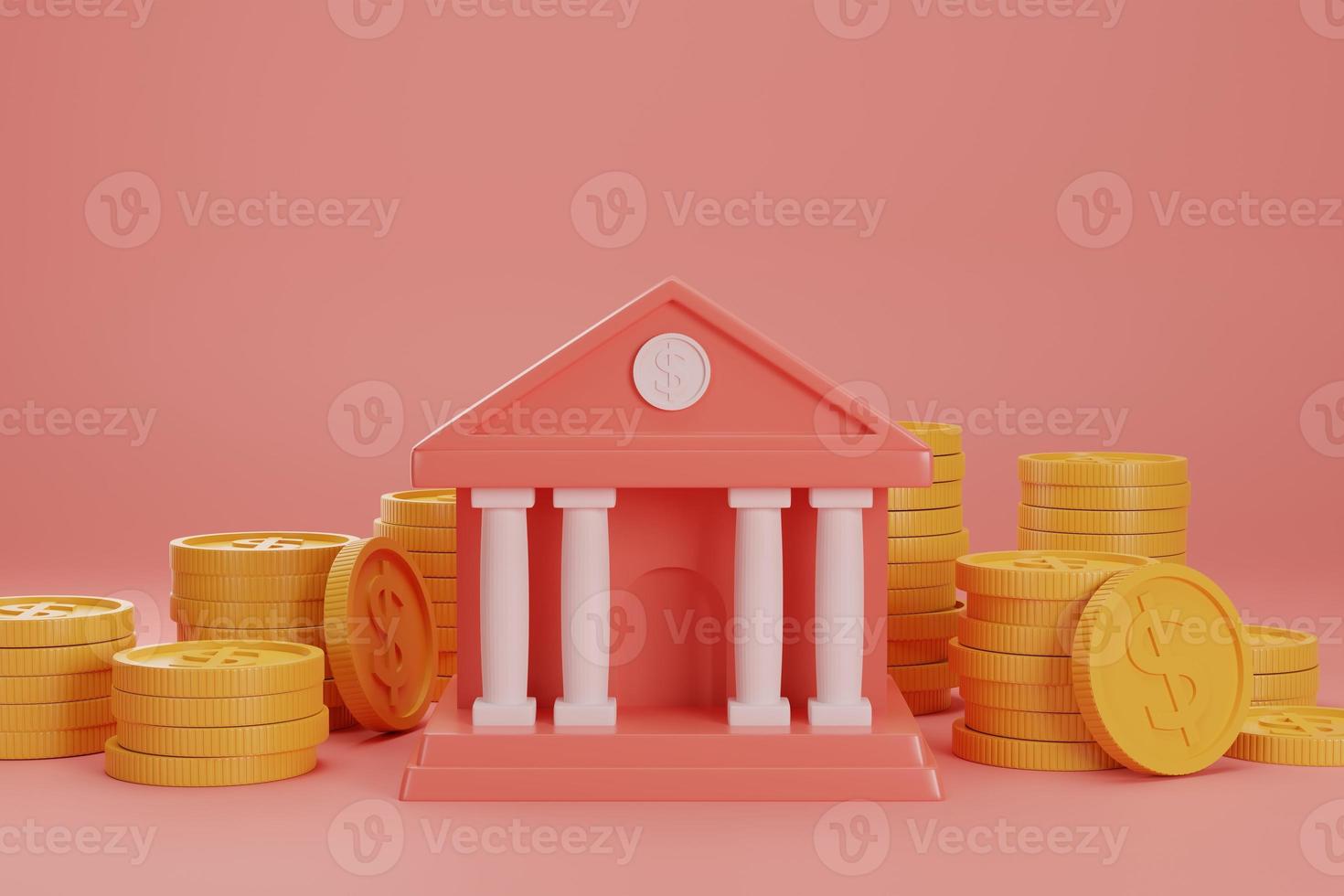 3d render bank with stack of gold coin on red background, financial 3d model background photo