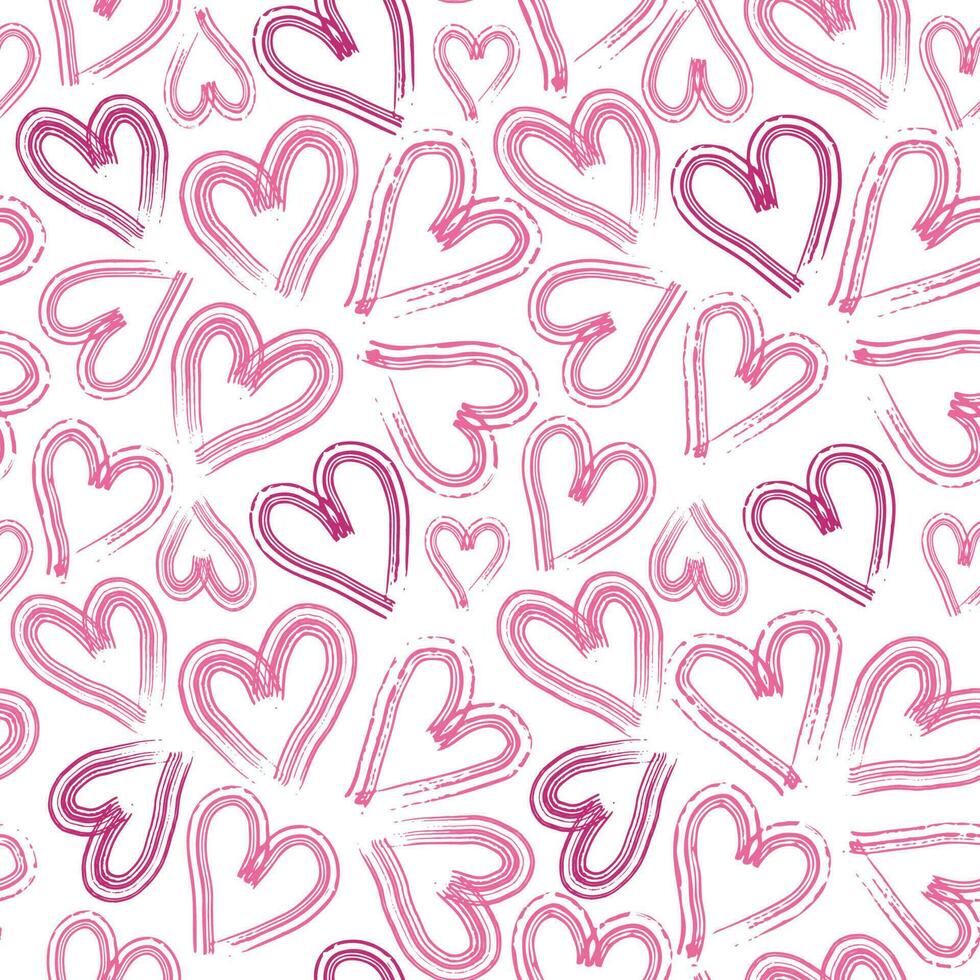 Hand drawn pink hearts seamless pattern on white background. Simple shapes for wrapping paper, wallpaper, fabric, textile vector